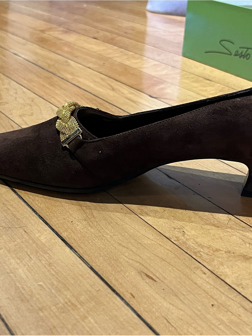 Sesto Meucci Brown Suede Kitten Heel Pumps with Gold Braided Accent